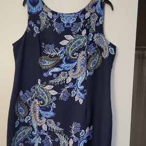 Sleeveless Navy Paisley Midi Dress with Blue & Gold Accents